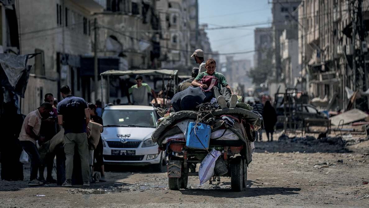 Gazze şehrine yönelik saldırılar nedeniyle Nasr’dan ayrılan Filistinli aileler, 21 Eylül 2025 (Fotoğraf: VCG, 2025).